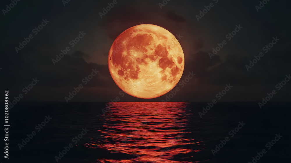 Full Red Moon Over Sea: The full red moon reflecting over the sea. Full Red Moon Over Sea: The full red moon reflecting over the sea.