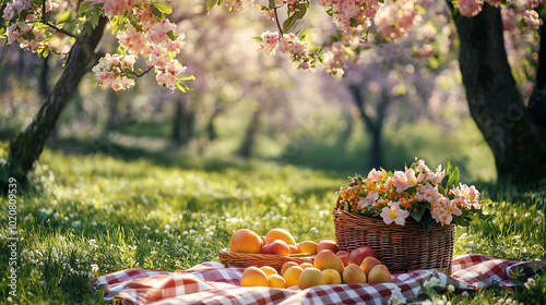 picnic scene in a blooming park, with a basket of fresh fruit and flowers on a checkered blanket, evoking the warmth and freshness of spring