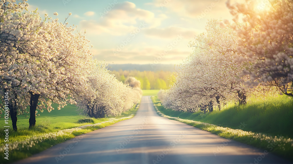 Fototapeta premium scenic view of a countryside road lined with blossoming trees, creating a picturesque spring landscape under a bright sky