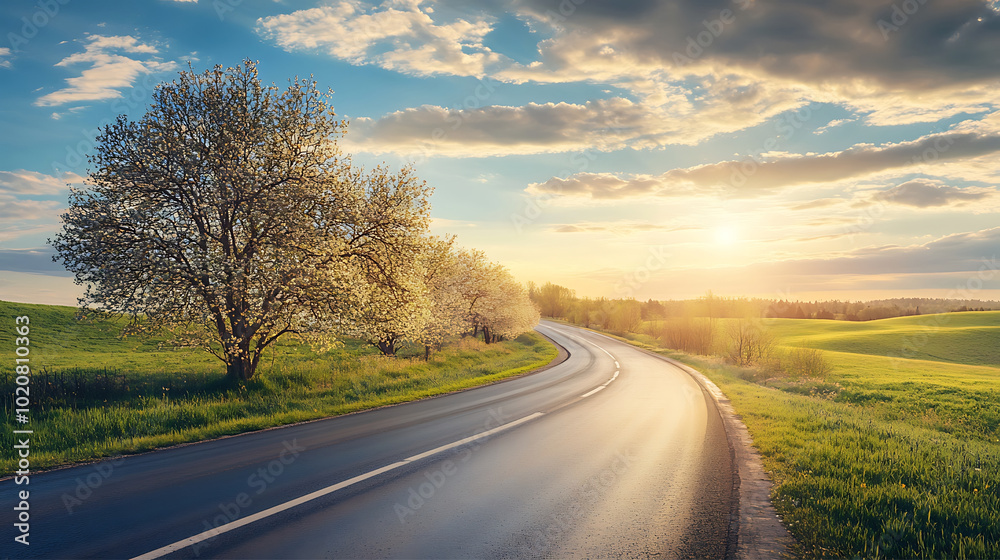 scenic view of a countryside road lined with blossoming trees, creating a picturesque spring landscape under a bright sky scenic view of a countryside road lined with blossoming trees, creating a picturesque spring landscape under a bright sky