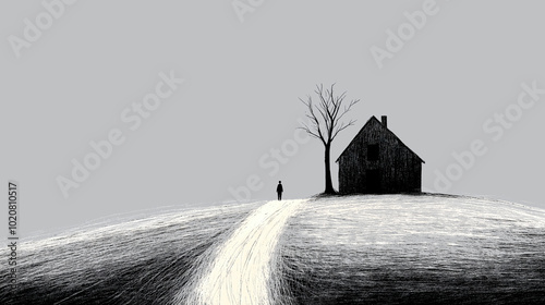 Lonely man walking on path approaching house in minimalist illustration