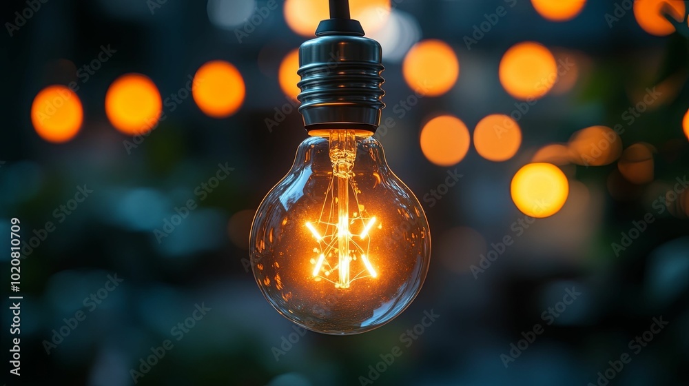 Illuminated Lightbulb with Filament and Out-of-Focus Lights Illuminated Lightbulb with Filament and Out-of-Focus Lights