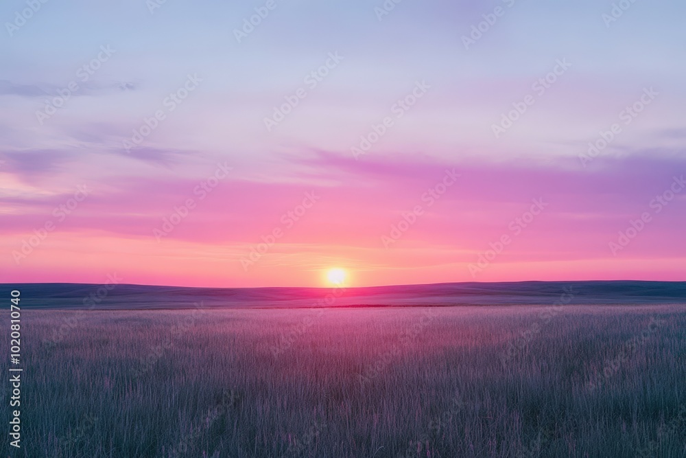 Stunning sunset over serene grassland landscape Stunning sunset over serene grassland landscape
