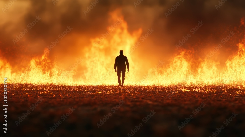Fototapeta premium silhouette of person standing in front of raging fire