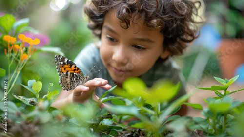 A young boy with curly hair observes a butterfly perched on a leaf in a lush garden.