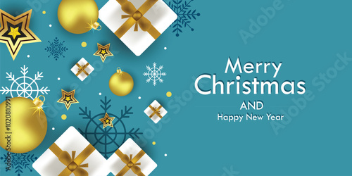 Merry Christmas and Happy New Year banner with gift box, Christmas balls, star, snowflakes decoration