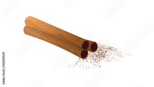 Dry Cinnamon sticks vector illustration. Cinnamon  powder. Cinnamon sticks, spice, for cooking, baking, health food