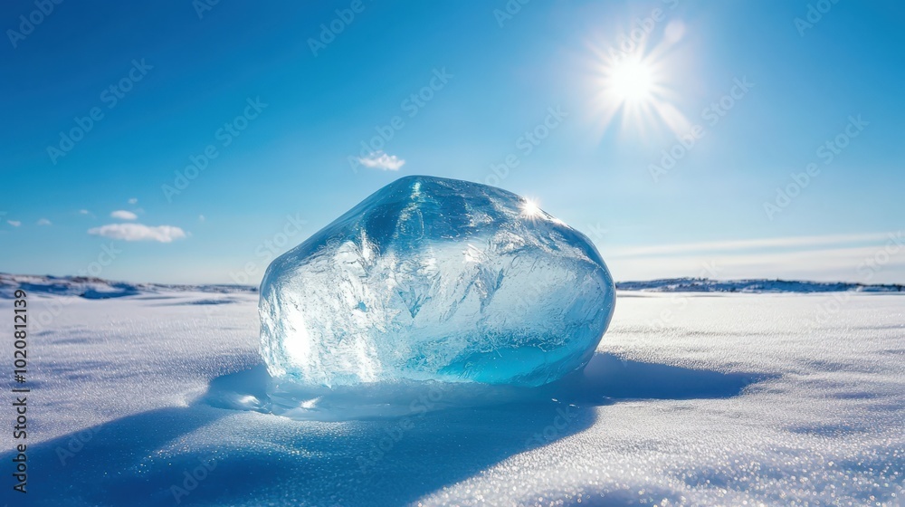 Frozen lake with glowing ice block Frozen lake with glowing ice block