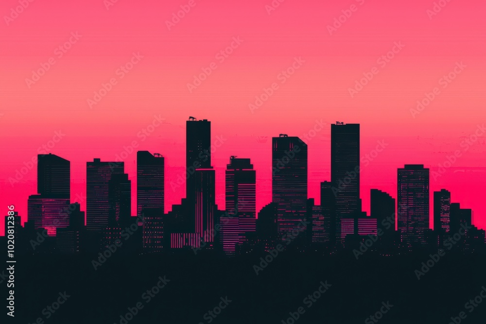 A vibrant city skyline silhouette against a pink and purple sunset background, showcasing modern architecture and an urban atmosphere. A vibrant city skyline silhouette against a pink and purple sunset background, showcasing modern architecture and an urban atmosphere.