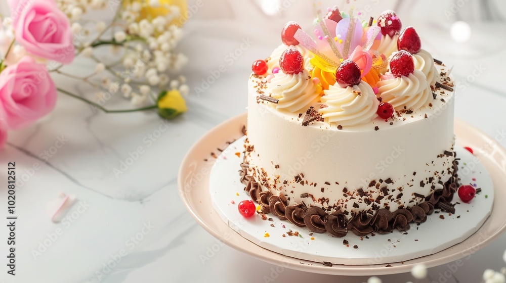 Photography of a close-up of a plate with a slice of birthday cake, adorned with sprinkles and a small birthday candle, set on a decorated table with other party treats for the birthday celebration