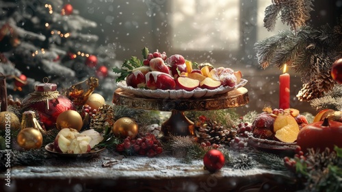 Festive Christmas dessert table with snow and holiday decorations photo