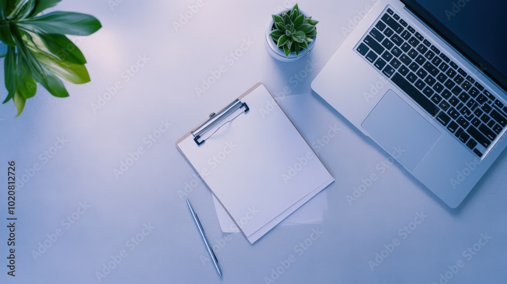 minimalist office desk setup with laptop, clipboard, and succulent plant
