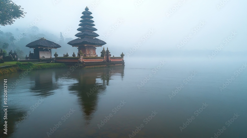A traditional Balinese temple stands on a lake, shrouded in mist, reflecting in the calm water. A traditional Balinese temple stands on a lake, shrouded in mist, reflecting in the calm water.
