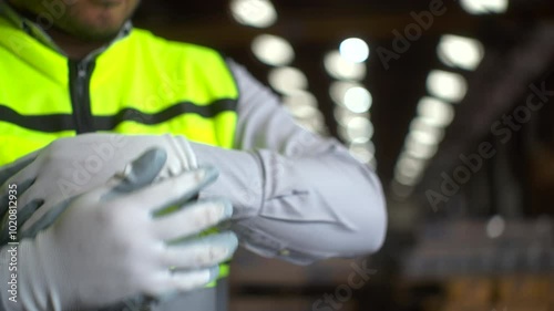 Close up hand worker wearing putting protective safety glove. Safety equipment for industry factory. Safety at work concept.
