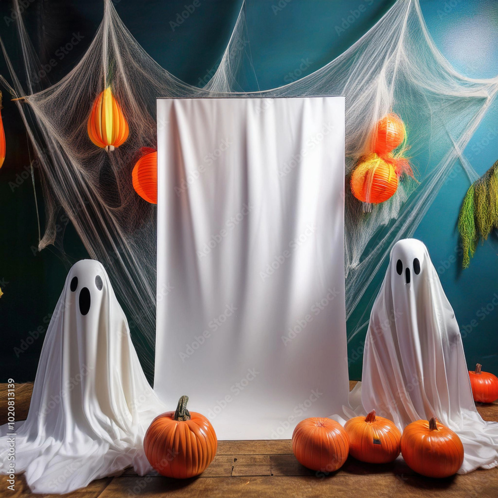 Halloween Mockup for text, sheet hanging on a rope in the center, ghosts in sheets on the left and right, Halloween decorations in the background Halloween Mockup for text, sheet hanging on a rope in the center, ghosts in sheets on the left and right, Halloween decorations in the background