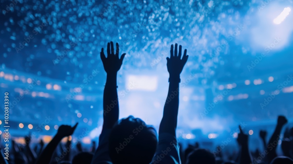 silhouette of person with arms raised at concert silhouette of person with arms raised at concert