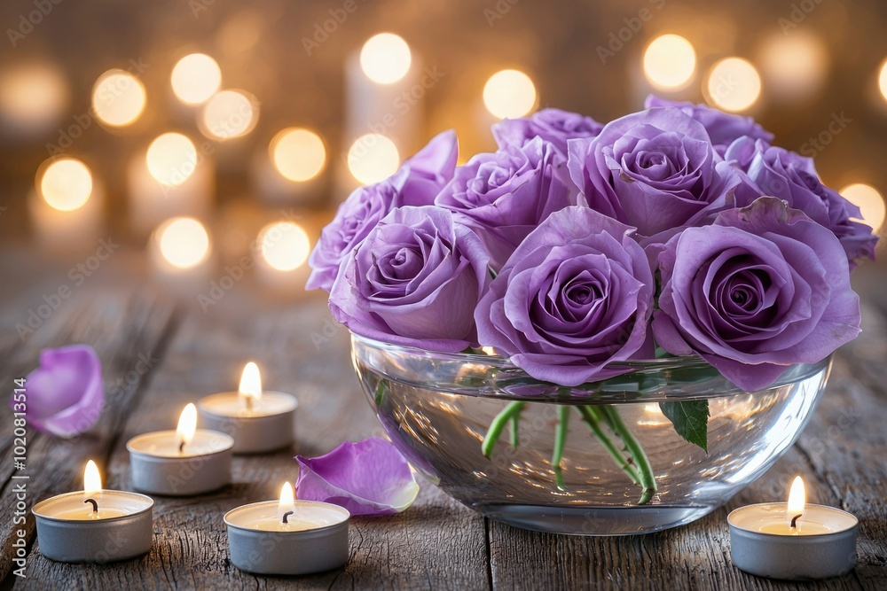 Purple Roses in a Glass Vase with Burning Candles on Rustic Wooden Table Purple Roses in a Glass Vase with Burning Candles on Rustic Wooden Table