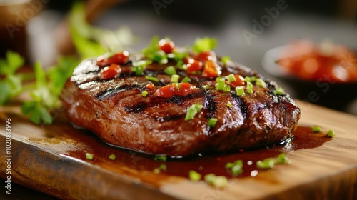 Juicy grilled steak with spicy salsa