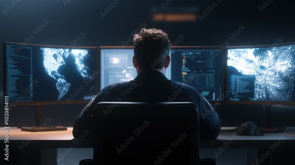 Hacker working on computer screens
