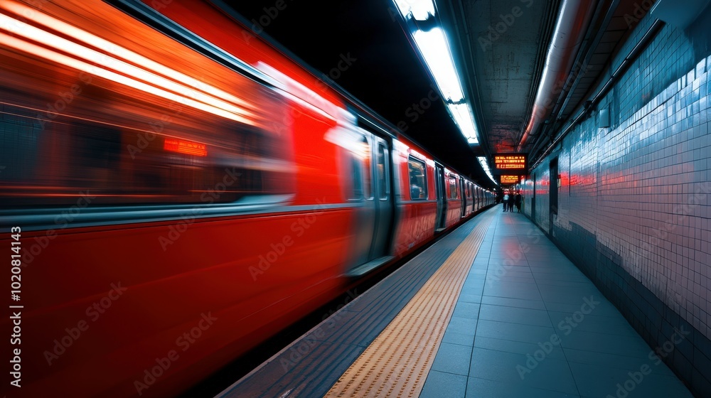 Blurred motion of a red subway train in a dark underground station