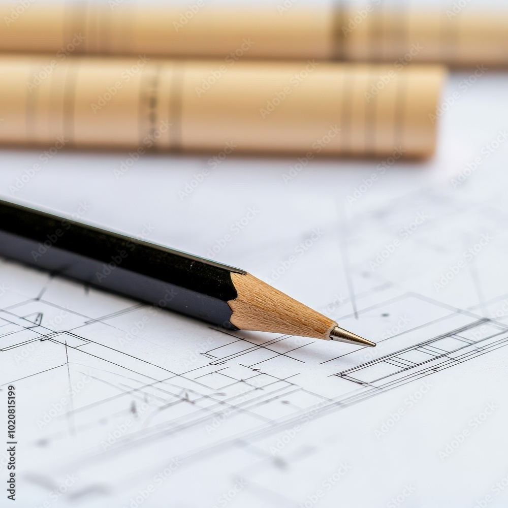 A close-up of a black pencil resting on architectural blueprints, with rolled-up plans in the background, highlighting design and creativity. A close-up of a black pencil resting on architectural blueprints, with rolled-up plans in the background, highlighting design and creativity.