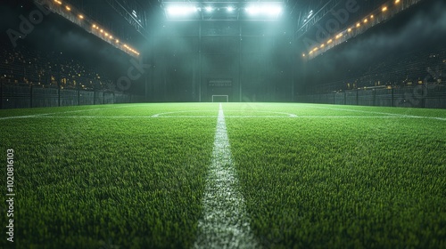 A soccer field under bright lights. The image is perfect for sports-related projects, websites, or social media.