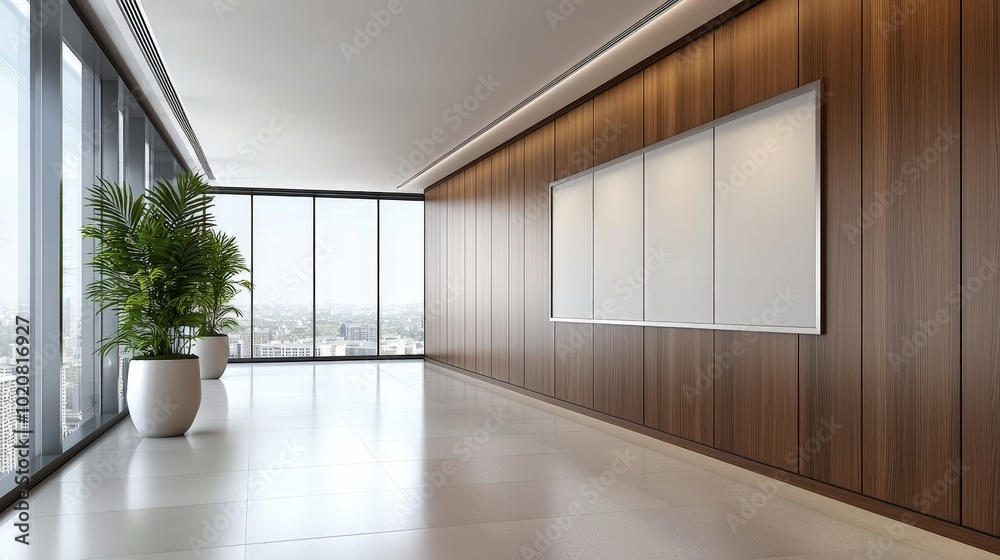 Fototapeta premium A large room with a white board on the wall and a potted plant in the corner