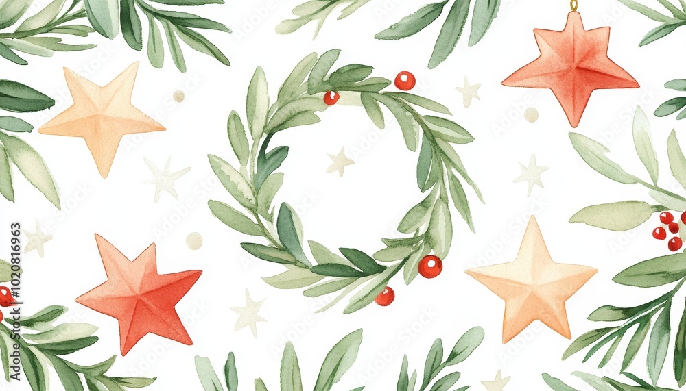 Sleek, graceful Christmas wreaths and stars in a streamlined minimalist style, seamless pattern Sleek, graceful Christmas wreaths and stars in a streamlined minimalist style, seamless pattern