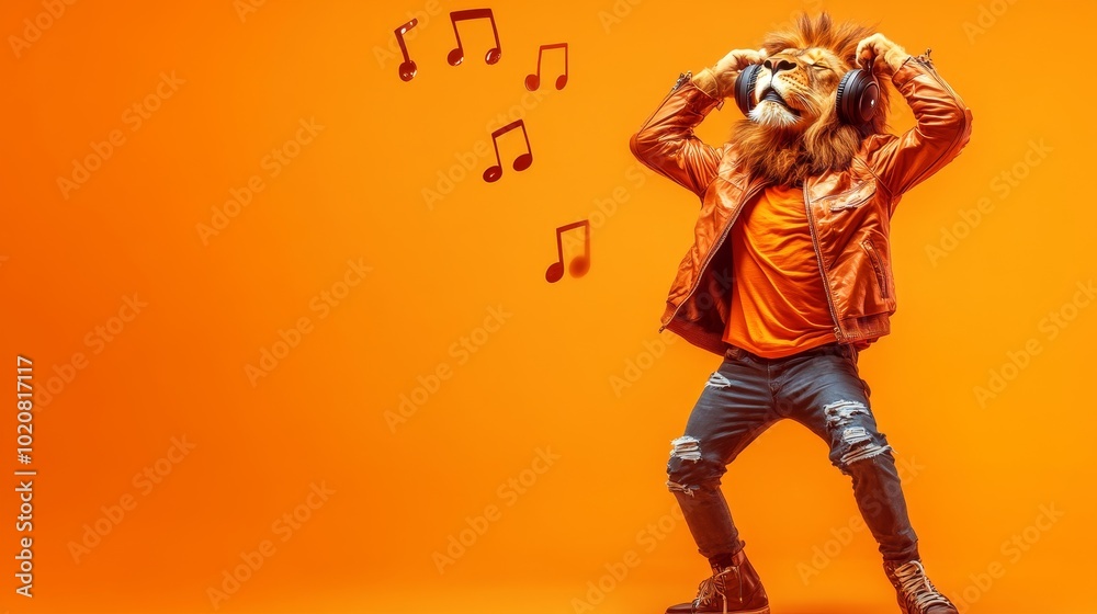 Cool Lion DJ in Headphones and Leather Jacket on Orange Background with Musical Notes Floating - Trendy and Stylish Wildlife Concept Cool Lion DJ in Headphones and Leather Jacket on Orange Background with Musical Notes Floating - Trendy and Stylish Wildlife Concept