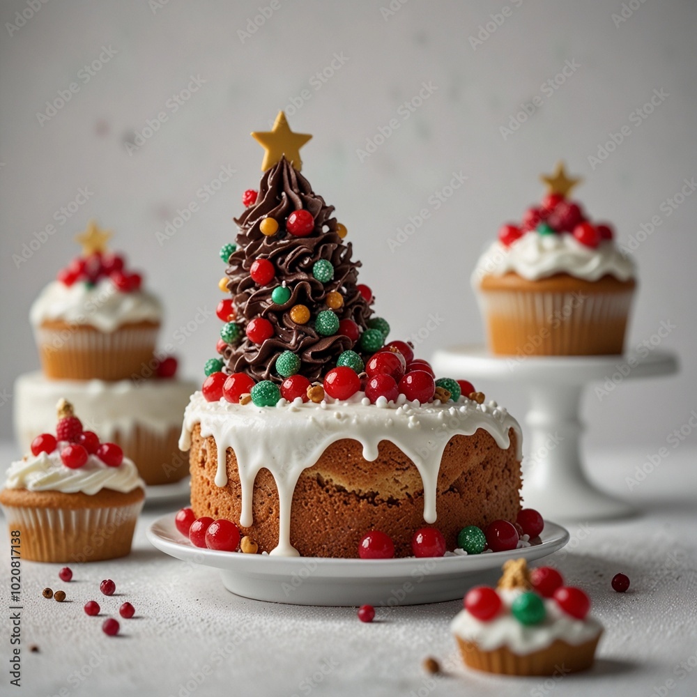 cake on a plate, christmas background cakes and cupcakes with xmas decoration cake on a plate, christmas background cakes and cupcakes with xmas decoration