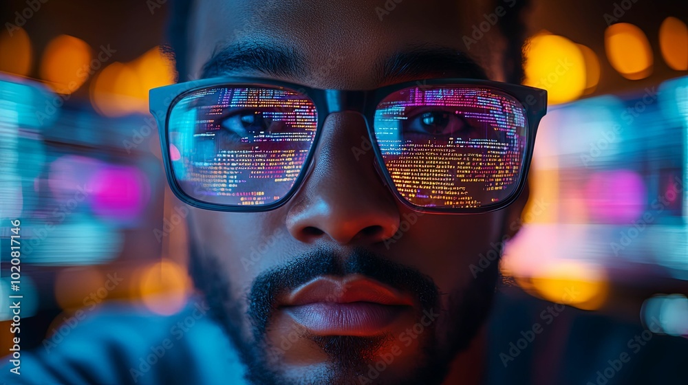 A close-up of a man's face with code reflected in his glasses A close-up of a man's face with code reflected in his glasses