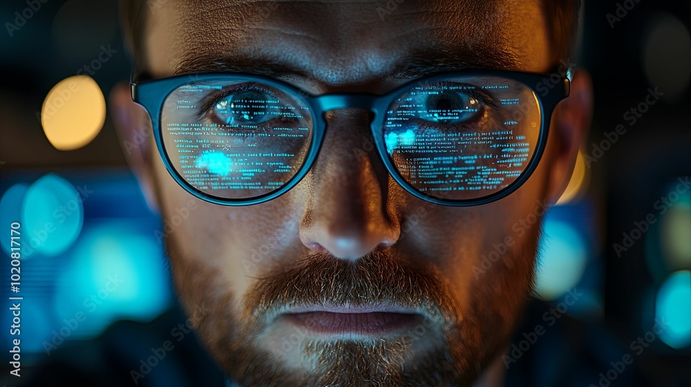 Close-up of a Man's Face with Computer Code Reflected in His Glasses Close-up of a Man's Face with Computer Code Reflected in His Glasses