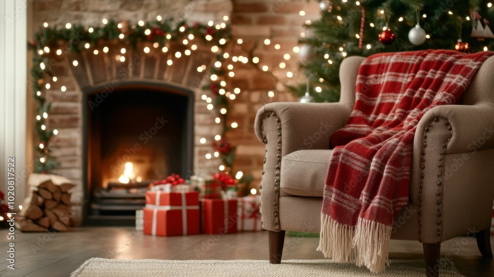 A cozy living room with a lit fireplace, Christmas tree, wrapped gifts, and a plaid blanket on an armchair, creating a warm holiday vibe.. A cozy living room with a lit fireplace, Christmas tree, wrapped gifts, and a plaid blanket on an armchair, creating a warm holiday vibe..