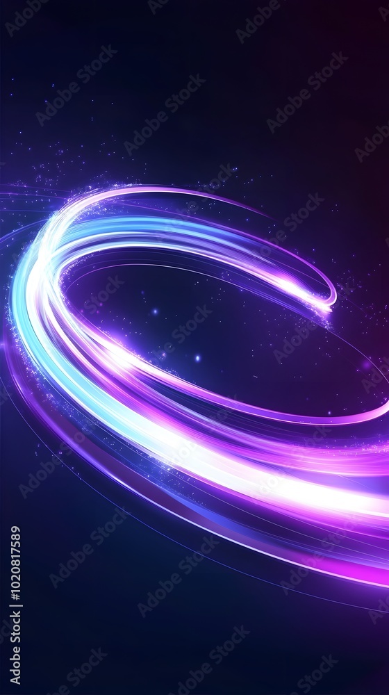Obraz premium A dynamic purple and blue ribbon of light, spinning in the air with energy lines radiating from its center on a dark background
