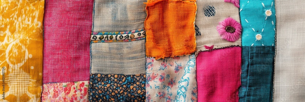 Vibrant Fabric Mosaic, an array of colorful patterns and textures arranged in a captivating top-view collage, showcasing artistic textile diversity Vibrant Fabric Mosaic, an array of colorful patterns and textures arranged in a captivating top-view collage, showcasing artistic textile diversity
