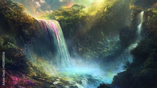 A vibrant waterfall scene surrounded by lush greenery and mist.