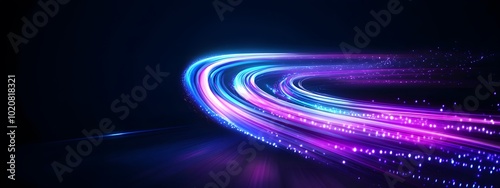 A dynamic purple and blue ribbon of light, spinning in the air with energy lines radiating from its center on a dark background
