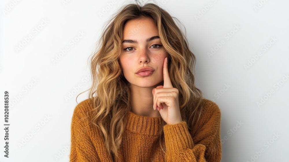 A young woman with long blonde hair looks directly at the camera with a thoughtful expression while touching her face. A young woman with long blonde hair looks directly at the camera with a thoughtful expression while touching her face.