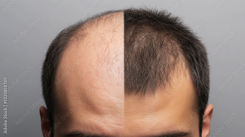 A split image showing a man's hair before and after restoration, highlighting the contrast between baldness and a fuller head of hair. A split image showing a man's hair before and after restoration, highlighting the contrast between baldness and a fuller head of hair.