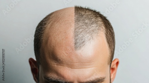 A close-up of a man’s scalp, showing a stark contrast between shaved and unshaved hair, highlighting hair loss or a hairstyle transformation.