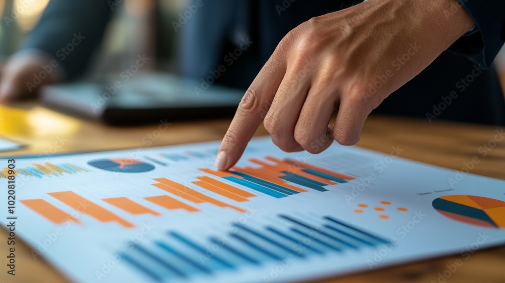 Close-up of a hand pointing at colorful data charts on paper. Close-up of a hand pointing at colorful data charts on paper.