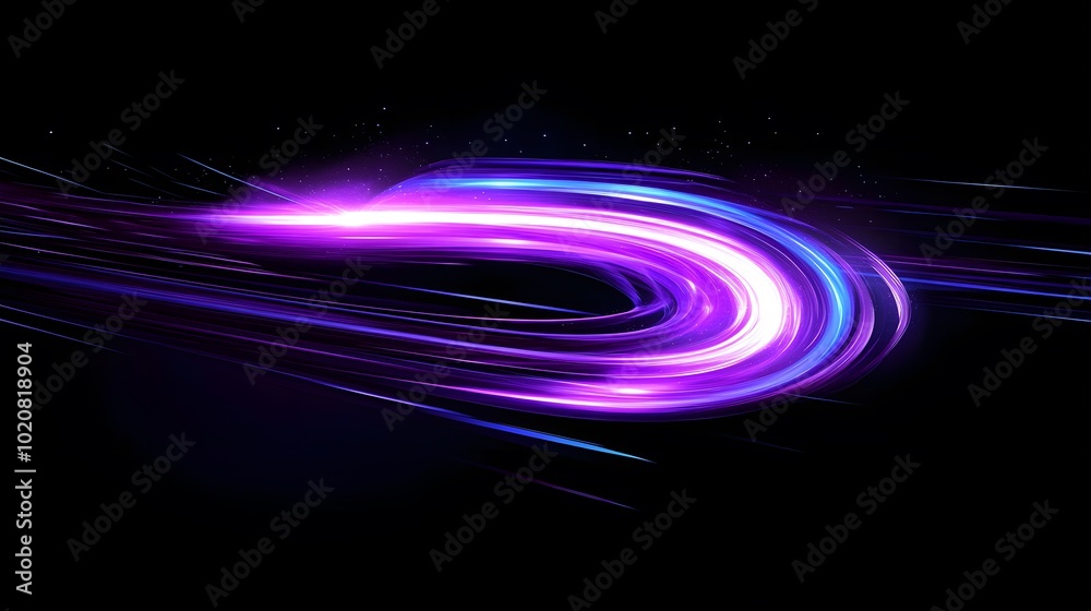 A dynamic purple and blue ribbon of light, spinning in the air with energy lines radiating from its center on a dark background A dynamic purple and blue ribbon of light, spinning in the air with energy lines radiating from its center on a dark background