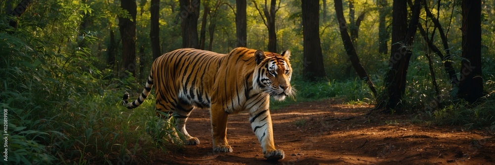 Obraz premium A tiger is walking through a forest. The tiger is walking on a dirt road