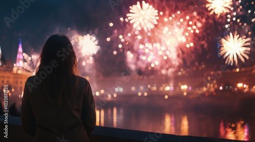 Silhouette of a person watching colorful fireworks on New Year's Eve photo