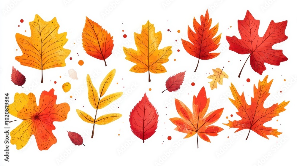A vibrant collection of autumn leaves in shades of red, orange, and yellow against a white background, perfect for seasonal decor, nature-related projects, or as a backdrop for fall celebrations,