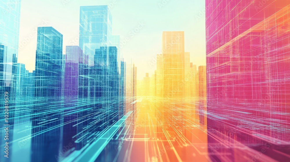 Obraz premium Futuristic cityscape with vibrant colors and digital elements.