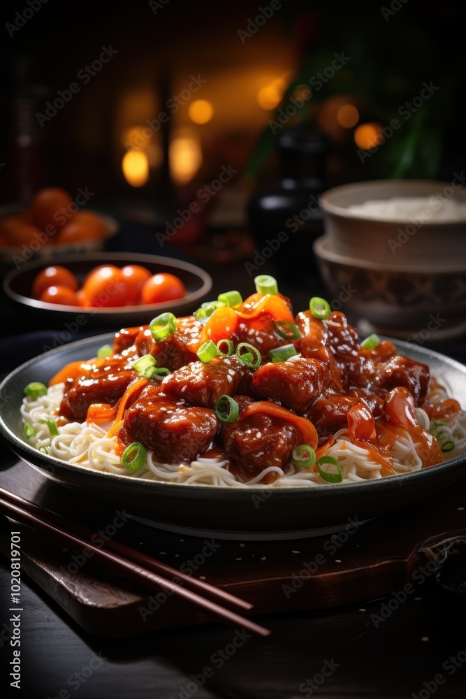 A vibrant dish of noodles topped with savory meat and vegetables, garnished with green onions, set against a softly lit background, ideal for food blogs, menus, and culinary promotions, A vibrant dish of noodles topped with savory meat and vegetables, garnished with green onions, set against a softly lit background, ideal for food blogs, menus, and culinary promotions,