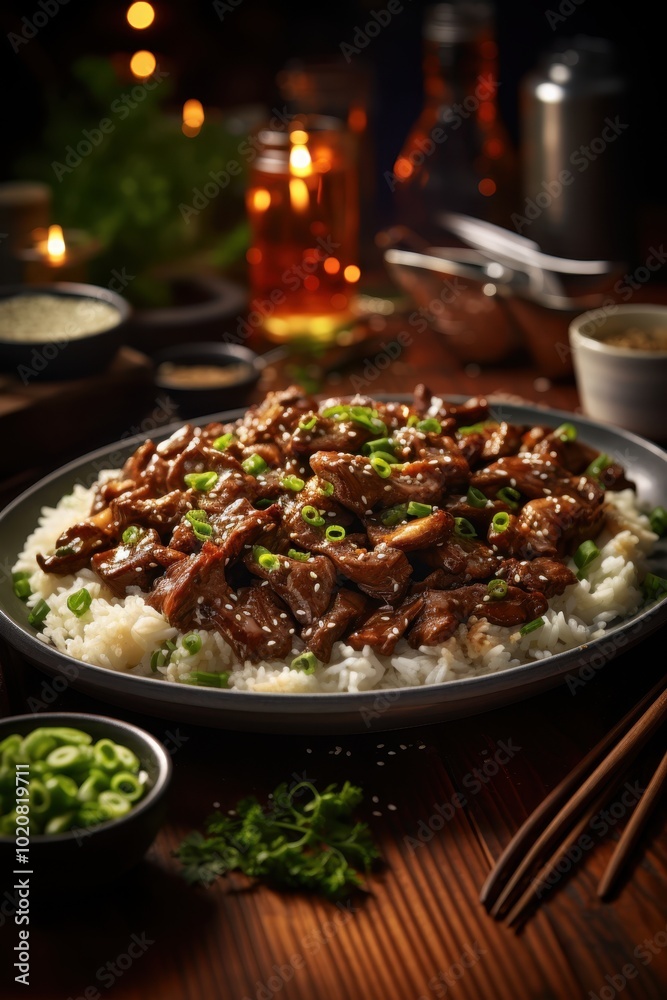 Delicious plate of tender beef served on a bed of fluffy rice, garnished with sesame seeds and green onions, set in a warm, inviting ambiance, Ideal for culinary blogs, restaurant menus Delicious plate of tender beef served on a bed of fluffy rice, garnished with sesame seeds and green onions, set in a warm, inviting ambiance, Ideal for culinary blogs, restaurant menus
