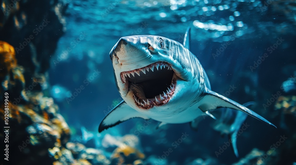 Fototapeta premium A close-up of a fierce shark with its mouth wide open, showcasing its sharp teeth underwater, This dramatic image can be ideal for documentaries, educational materials, or ocean-themed projects,