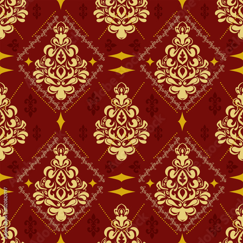 vector, Victorian Damask Pattern, Reddish, dark tones,Vintage style Luxury, Seamless, Oriental Ethnic, Traditional, Aztec Abstract, Design for Surface, Fabric, Clothing, Textiles and Decor.